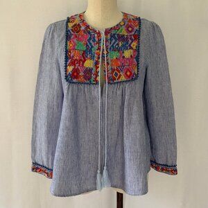 J MCLAUGHLIN Embroidered Striped Linen Open Front Long Sleeve Jacket Top